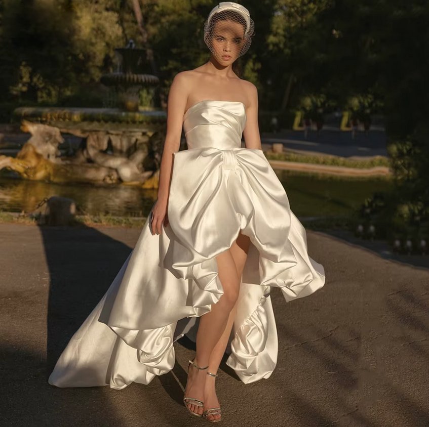 A Linie Satin Vokuhila Brautkleid Gesche Vorne Kurz Hinten Lang Modern