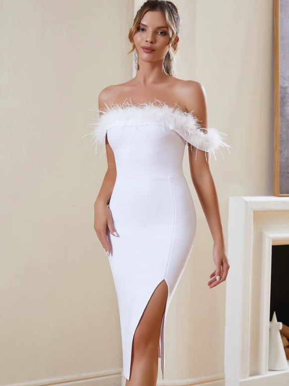 Schulterfreies Bleistift Standesamtkleid Haukea Wadenlang in Weiß