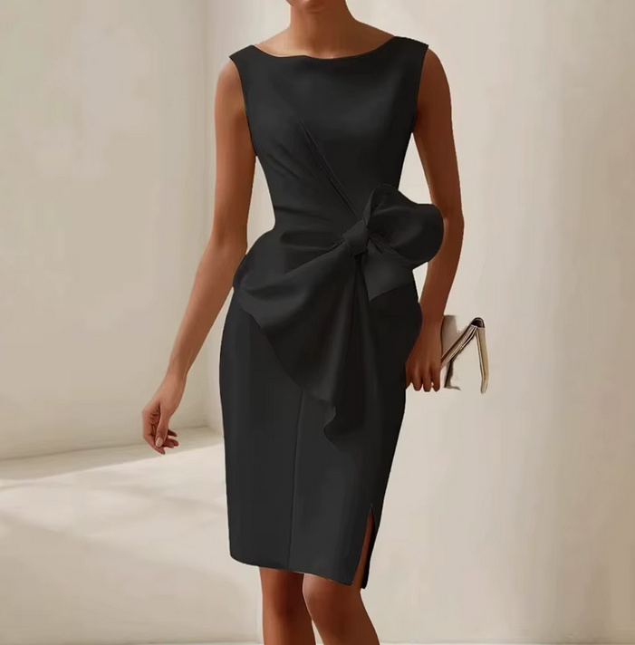 Knielanges Midi Kleid Ärmellos Elegant für Hochzeitsgäste in Schwarz