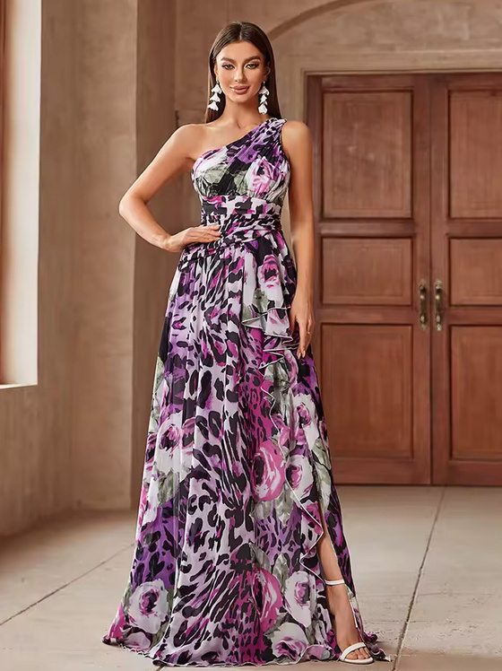 One Shoulder Kleid Elegant für Hochzeitsgäste in Lila mit Blumenmuster