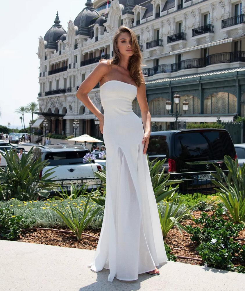 Schulterfreies A Linie Standesamtkleid Ina Lang mit Mesh Applikation