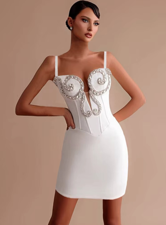 Spaghettiträger Strass Standesamtkleid Kurz in Weiß