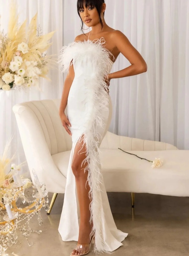Fit and Flare Standesamtkleid Mitra für die Braut Lang mit Boa