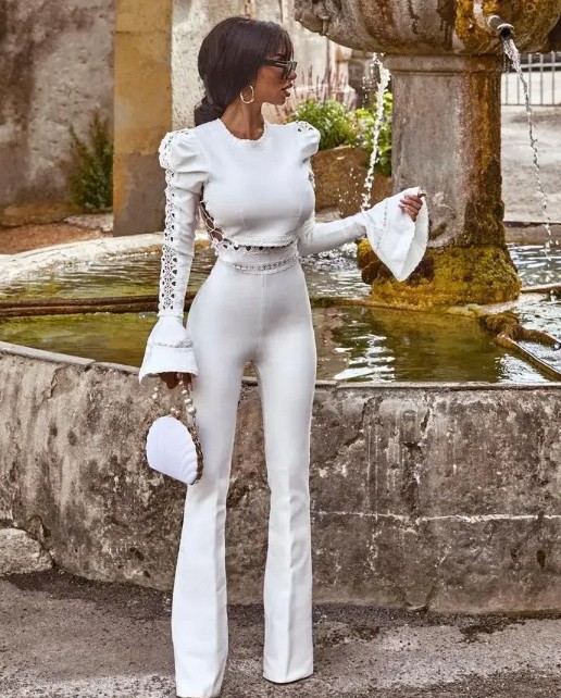 Standesamt Zweiteiler Braut Outfit Heilke in Weiß Lange Hose mit Shirt im Set