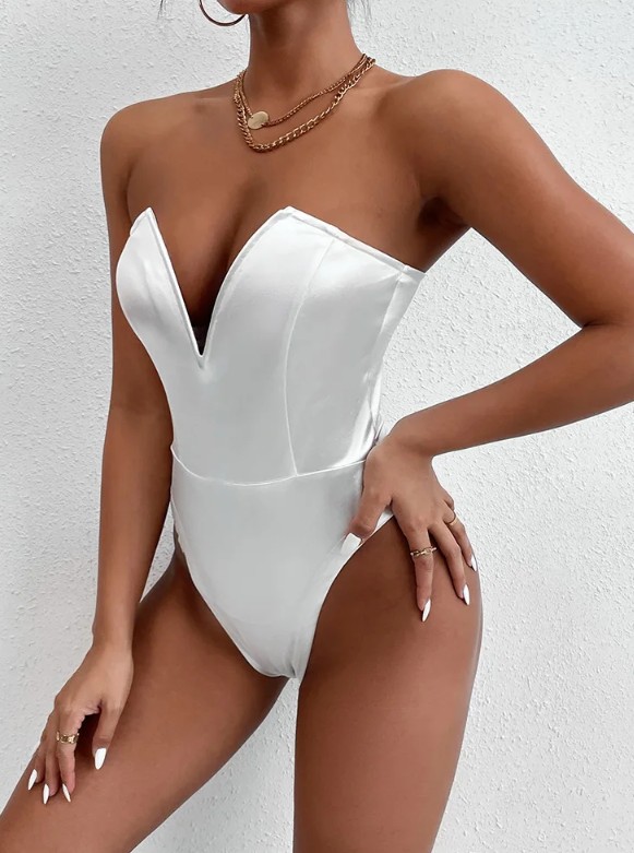 Sexy Satin Body Harriet für die Braut Schulterfrei in Weiß