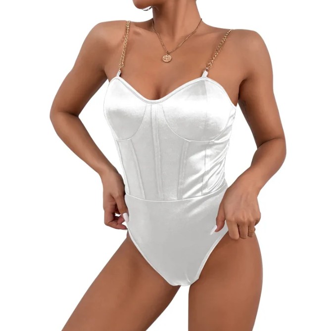 Sexy Satin Body Hedone für die Braut Schulterfrei in Weiß mit Kette
