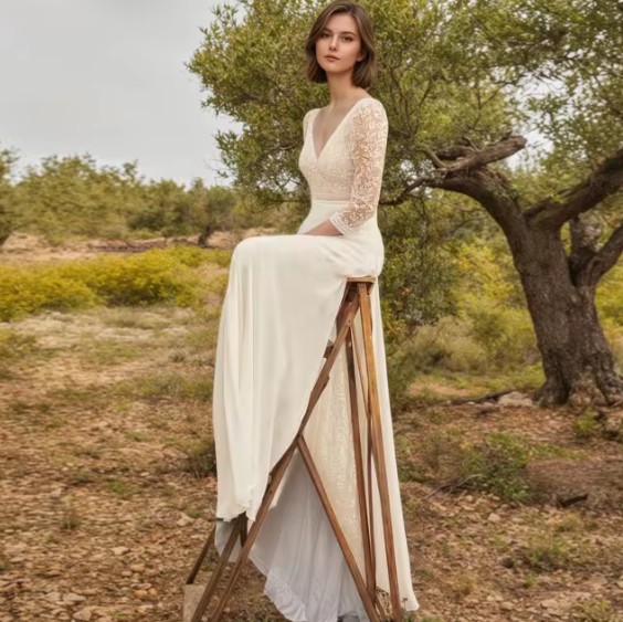  A Linie Boho Brautkleid Hendrike mit Ärmeln aus Spitze und Rücken Ausschnitt