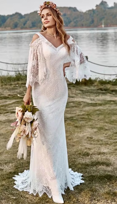  I Linie Boho Brautkleid Hildegard mit Fledermaus Ärmeln und Spitze