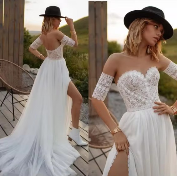 Schulterfreies Boho Style Brautkleid Helga mit Tüll Rock und Spitze