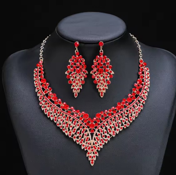 Exquisite Kristall-Wassertropfen Brautschmuck Set Halskette mit Ohrringe Rot Gold
