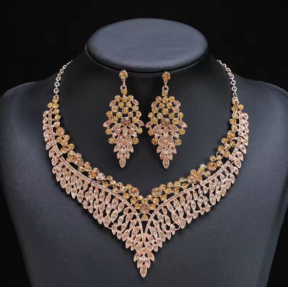 Exquisite Kristall-Wassertropfen Brautschmuck Set Halskette mit Ohrringe Champagne Gold