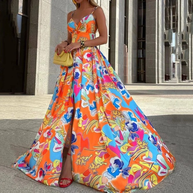  A Linie Spaghettiträger Maxi Kleid Iolana Elegant für Hochzeitsgäste Orange - Bunt
