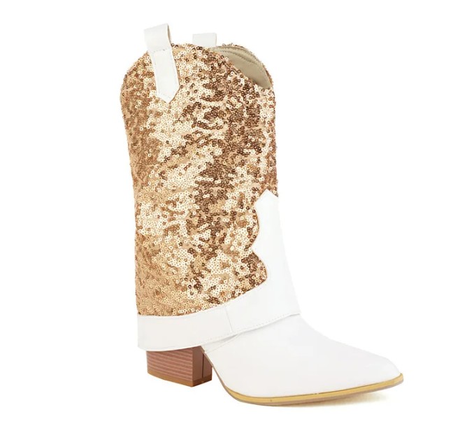 Brautschuhe Glitzer Western Cowboy Stiefel Irmtraud mit Gold Pailletten 