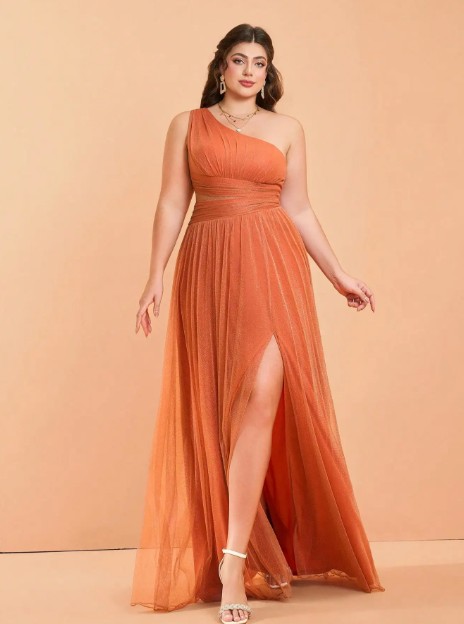 One Shoulder Kleid Hochzeitsgast Lang in Orange