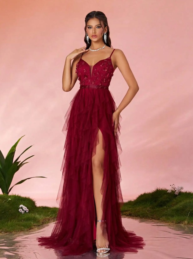 A Linie Spaghetti Träger Hochzeitsgast Mesh-Lotusblatt Kleid in Rot