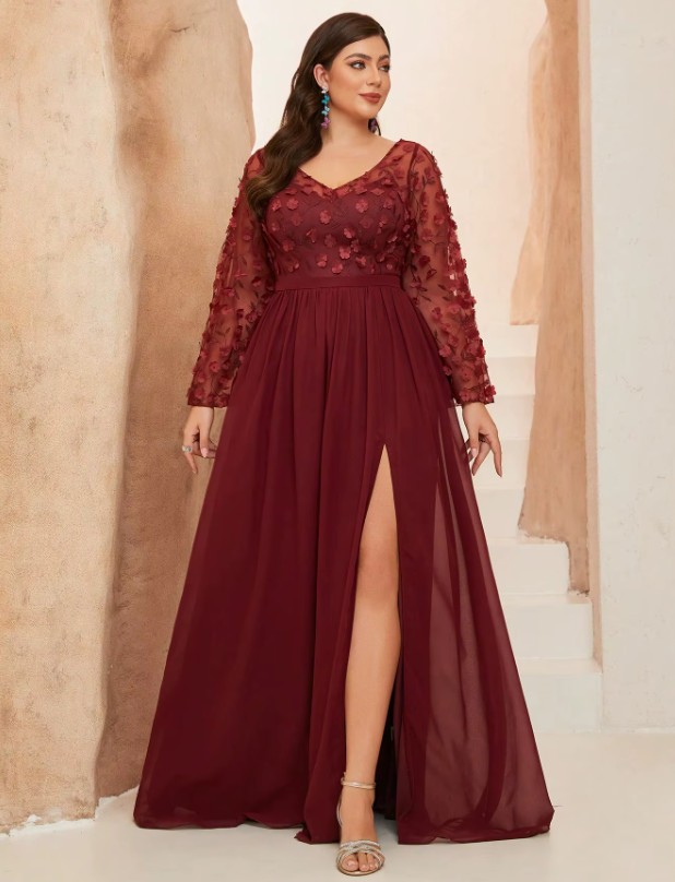 A Linie Langarm Kleid als Hochzeitsgast in Dunkelrot mit Spitze