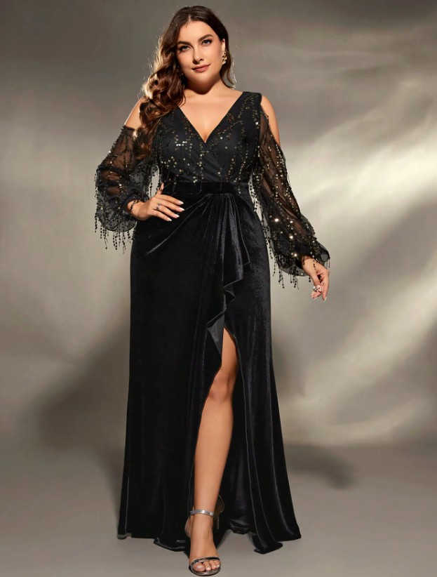  A Linie Empire Kleid Isabelle für Hochzeitsgäste in Schwarz mit Cut Out Ärmeln