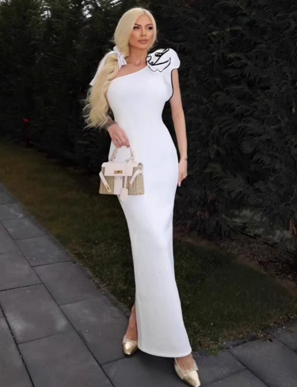 One Shoulder Bleistift Kleid für den Standesamt in Weiß Lang