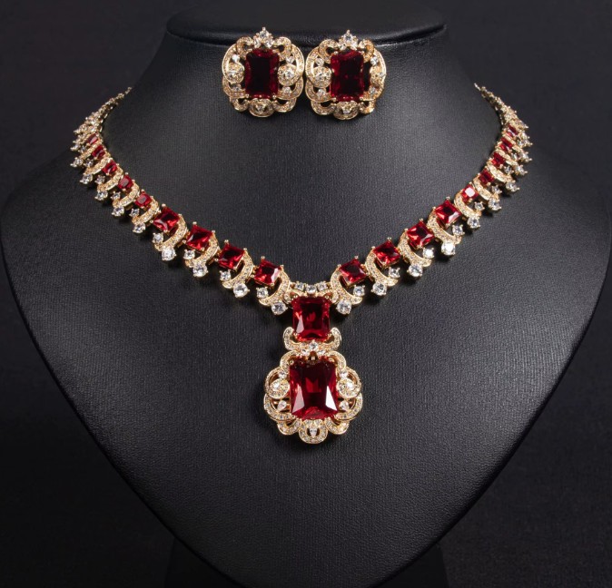 Zikron Brautschmuck Set Ilse Halskette mit Ohrringe Gold Rot