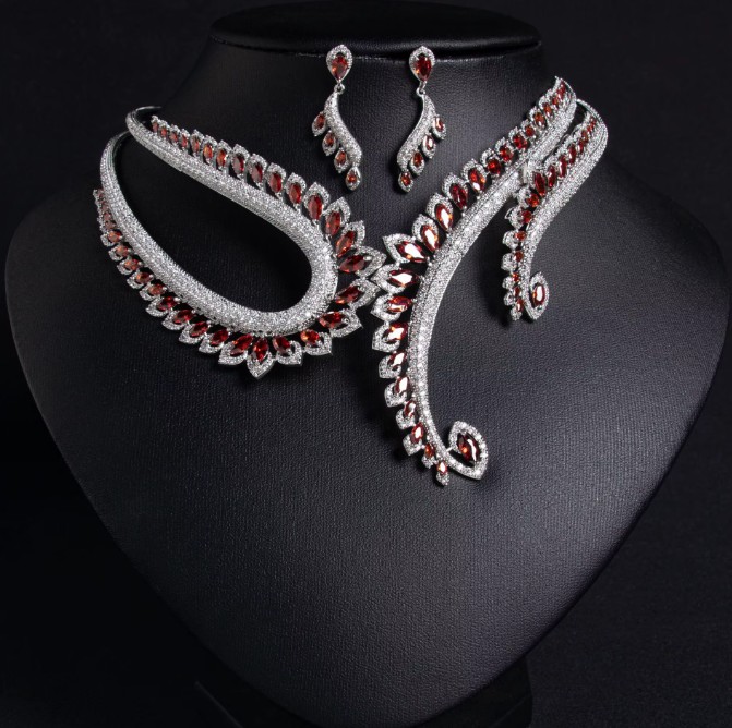Zikron Brautschmuck Set Inga Halskette mit Ohrringe Silber Rot