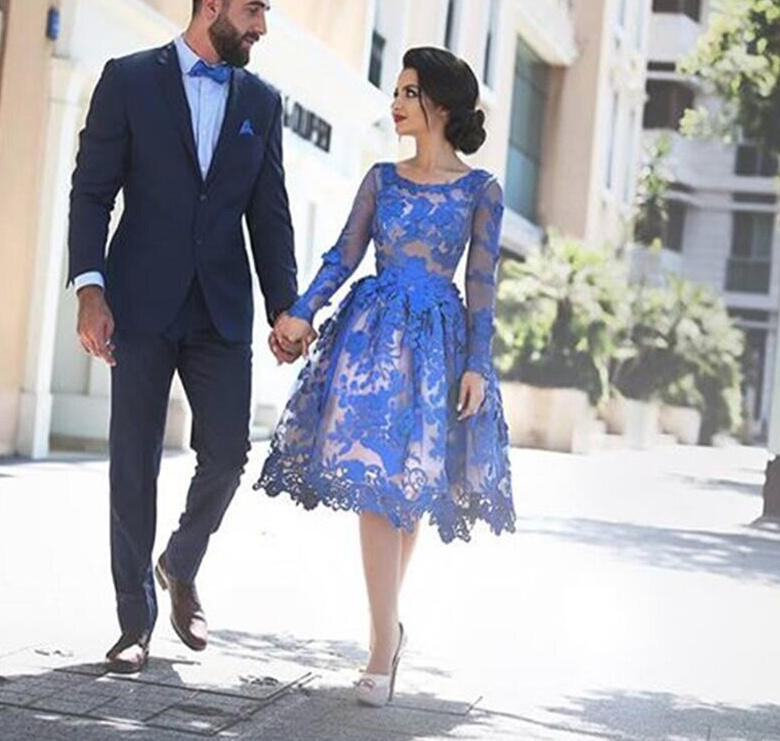 A Linie Kleid Irmela Elegant für Hochzeitsgäste in Royalblau mit Spitze Knielang