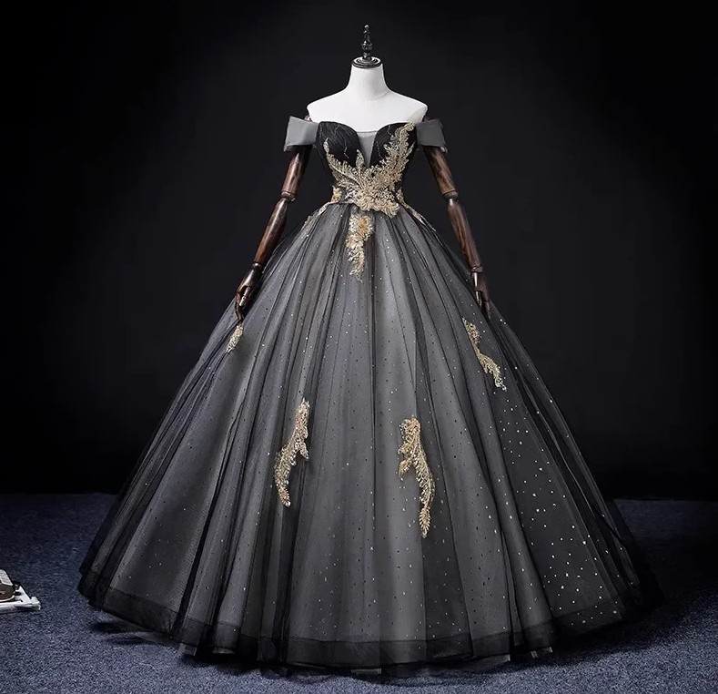 Schulterfreies A-Linie Prinzessin Brautkleid Jella Schwarz mit Spitze 