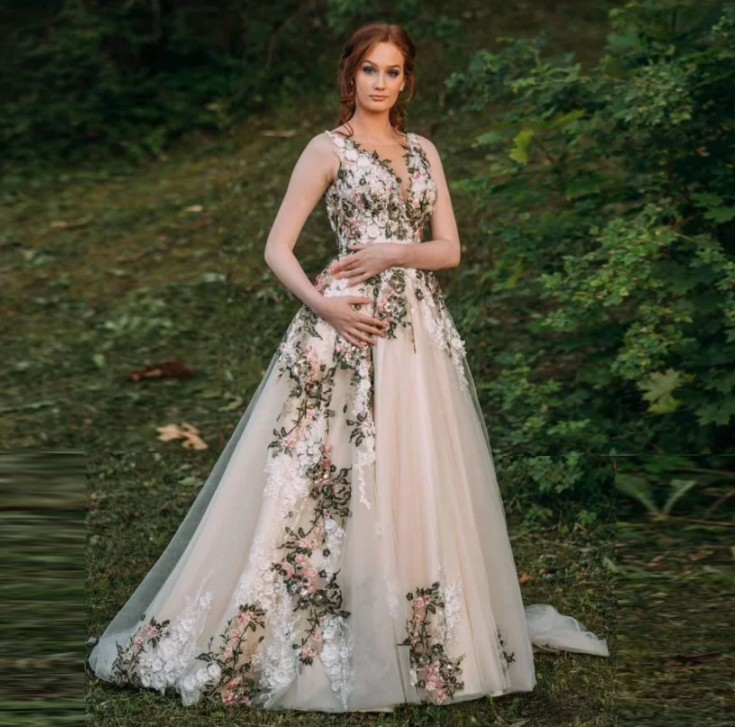 Ärmelloses A-Linie Brautkleid Jona mit Bunte Blumen Stickereien