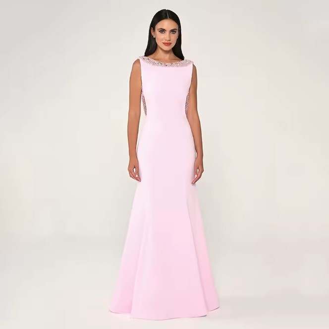 Fit and Flare Brautkleid Joline in Zartrosa mit Rücken Ausschnitt und Perlen Strass Applikationen