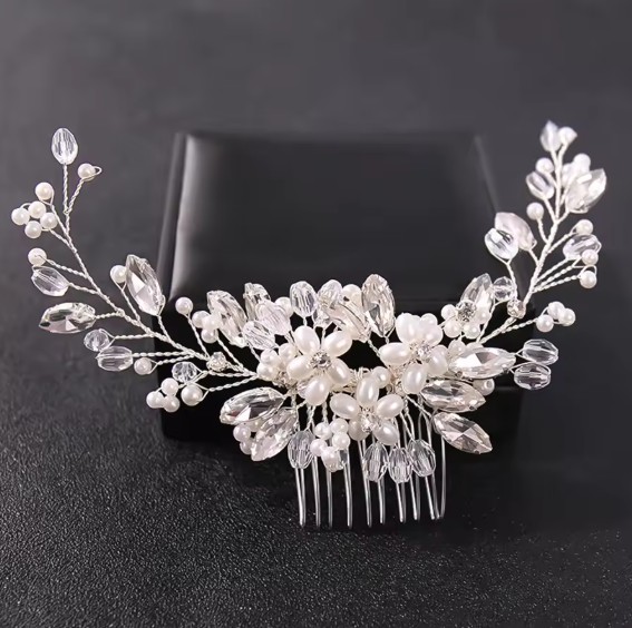Blumen Braut Haarkamm Jodie mit Strass und Perlen Silber