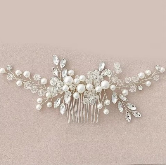 Blumen Braut Haarkamm Jeromina mit Strass und Perlen
