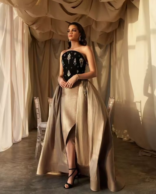 Schulterfreies Abendkleid für Hochzeitsgäste Festlich in Gold Schwarz