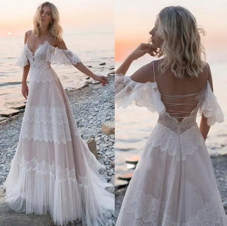 A Linie Boho Brautkleid Jamila mit Spaghetti Träger 