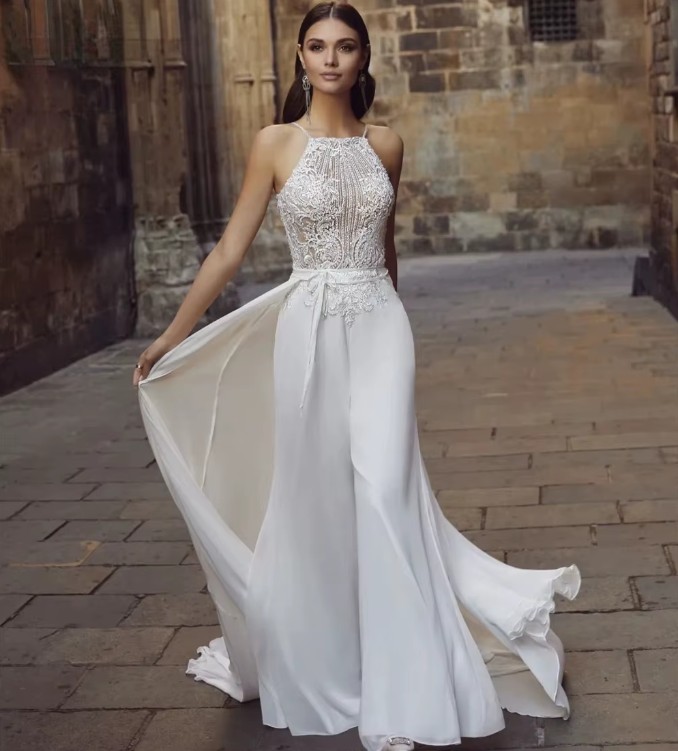 Boho Braut Overall Jumpsuit Einteiler Janett mit Spitze und Schärpe