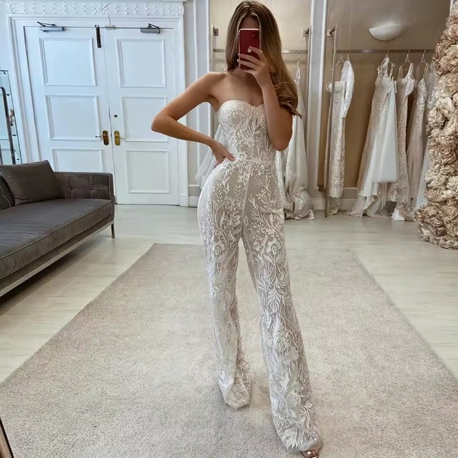 Schulterfreies I Linie Braut Overall Jumpsuit Janne aus Spitze