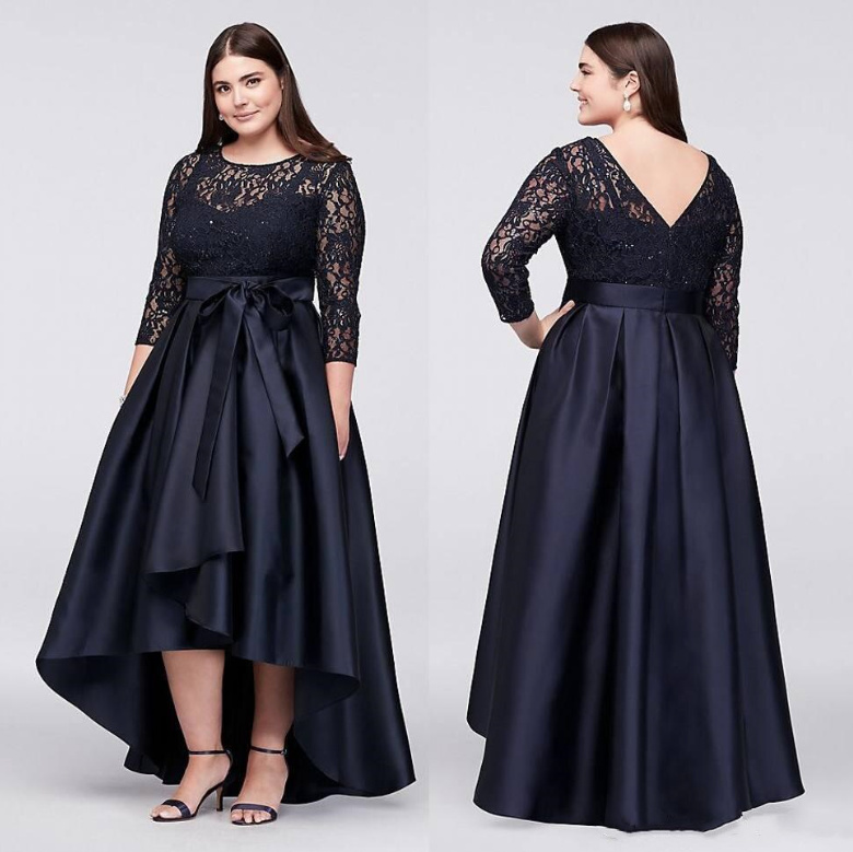 Vokuhila Langarm Satin Kleid Elegant für Hochzeitsgäste in Schwarz