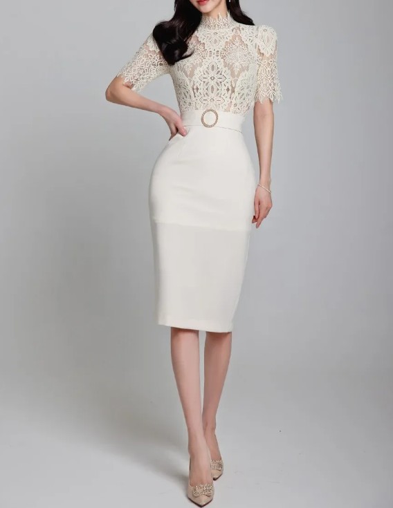 Kurzarm Bleistift Standesamt Brautkleid Kiara mit Spitze Knielang