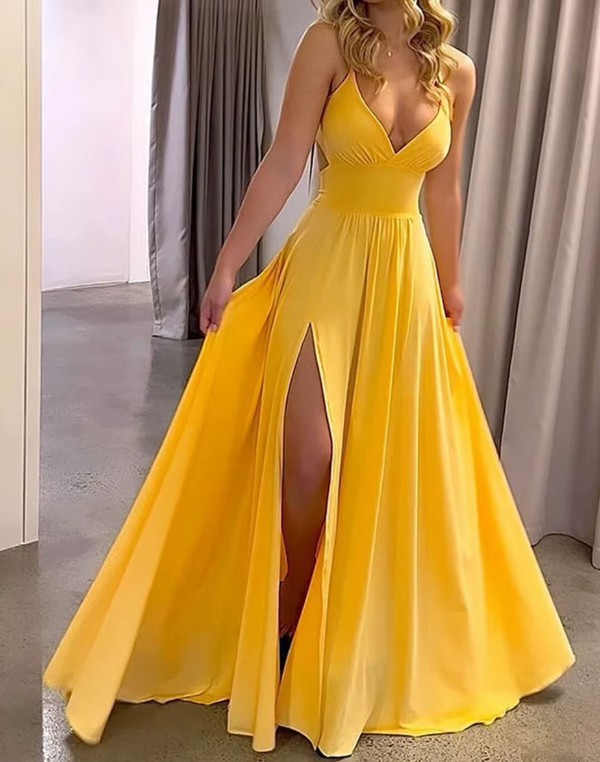 Spaghettiträger A-Linie Sommerkleid Kalena für Hochzeitsgäste Gelb