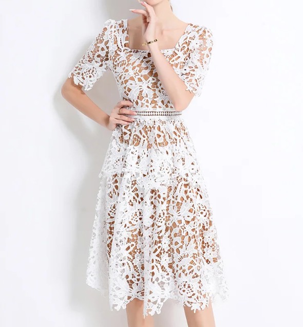 A Linie Kurzarm Midi Standesamtkleid Katrina aus Spitze