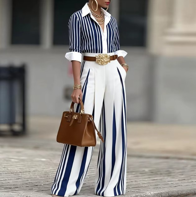 Damen Outfit 2-Teilig in Weiß Blau – Elegantes Hochzeitsgast Outfit mit Reversoberteil & weiter Plisseehose