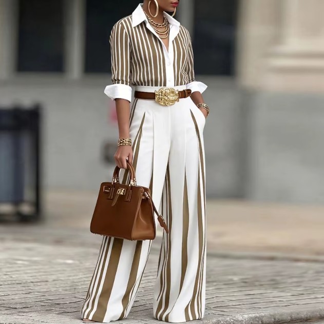 Damen Outfit 2-Teilig in Weiß Beige – Elegantes Hochzeitsgast Outfit mit Reversoberteil & weiter Plisseehose