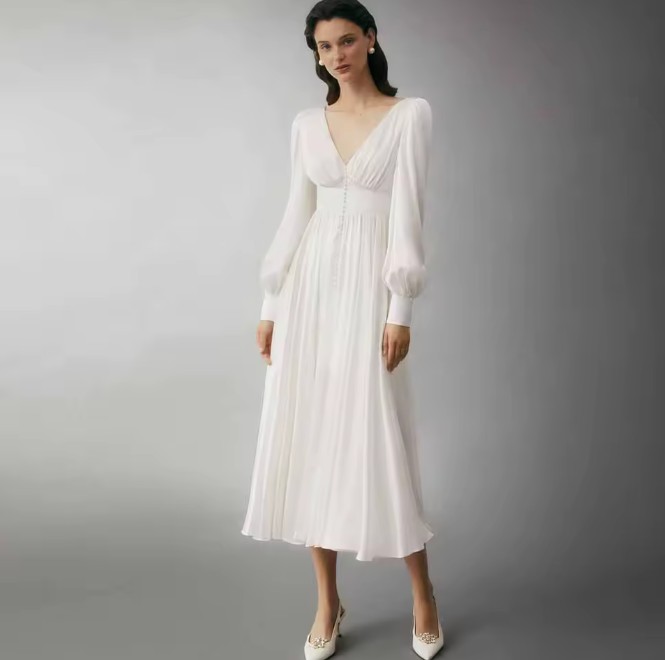 Klassisches Standesamt Brautkleid A-Linie aus Chiffon mit V-Ausschnitt in Weiß