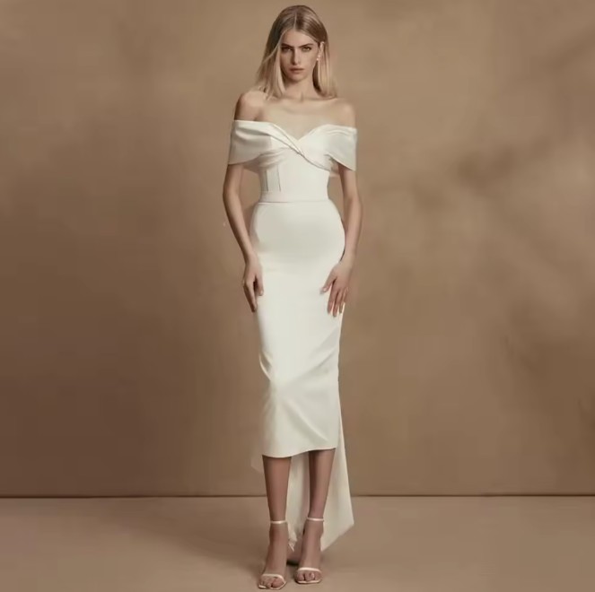 Schulterfreies Midi Brautkleid Figurbetont mit Abnehmbarer Schleife
