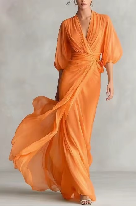Elegantes Kleid mit tiefem V-Ausschnitt, Laternenärmeln und geraffter Taille für Hochzeitsgäste Orange