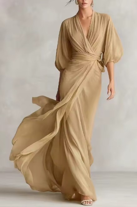 Elegantes Kleid mit tiefem V-Ausschnitt, Laternenärmeln und geraffter Taille für Hochzeitsgäste Beige
