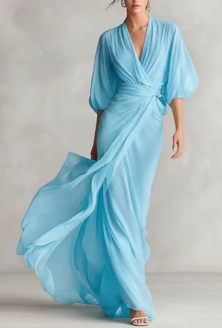 Elegantes Kleid mit tiefem V-Ausschnitt, Laternenärmeln und geraffter Taille für Hochzeitsgäste Hellblau