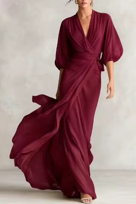 Elegantes Kleid mit tiefem V-Ausschnitt, Laternenärmeln und geraffter Taille für Hochzeitsgäste Weinrot