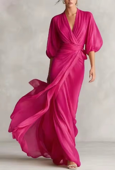 Elegantes Kleid mit tiefem V-Ausschnitt, Laternenärmeln und geraffter Taille für Hochzeitsgäste Pink