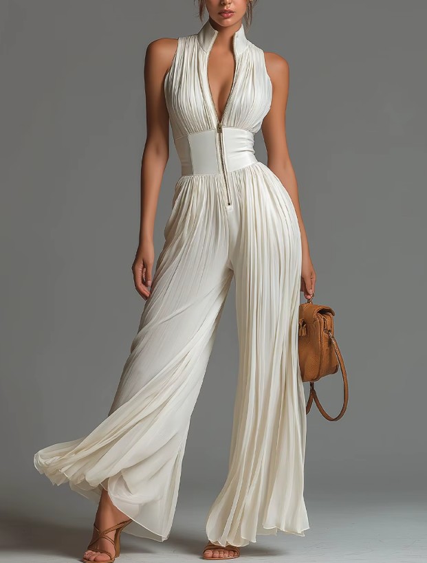 Damen Braut Overall – Eleganter Chiffon Jumpsuit mit Plissee und weitem Bein