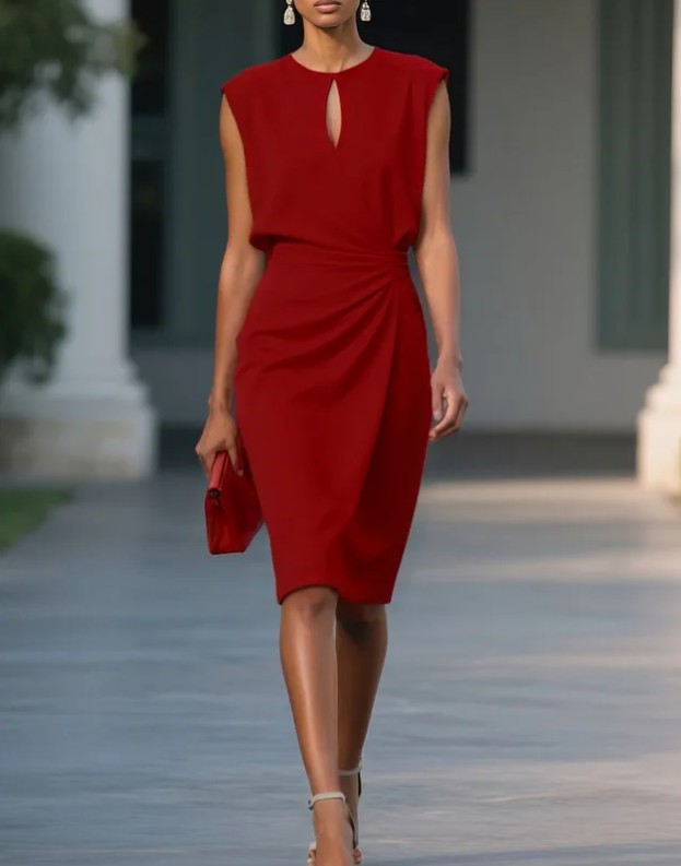 Damen Midikleid – Figurbetontes Sommerkleid mit O-Ausschnitt für Hochzeitsgäste Rot
