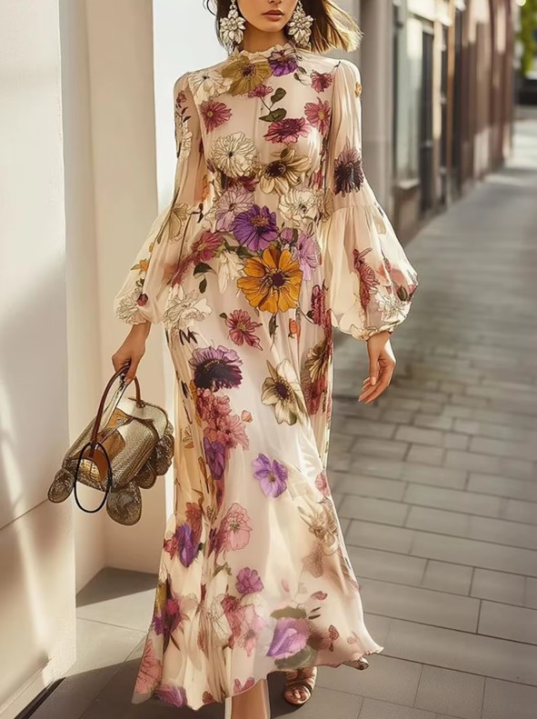 Vintage Maxikleid Damen – Florales Langarm Kleid in A-Linie für Hochzeitsgäste
